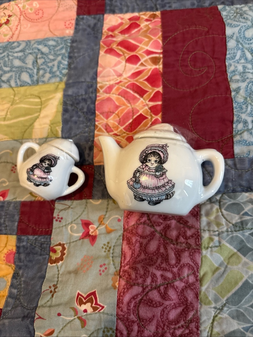 White Porcelain Miniature Teapot and Creamer Set with Vintage Girl Illustration